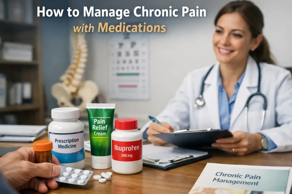 A doctor consulting with a patient about how to manage chronic pain using various medications like Ibuprofen and topical creams.
