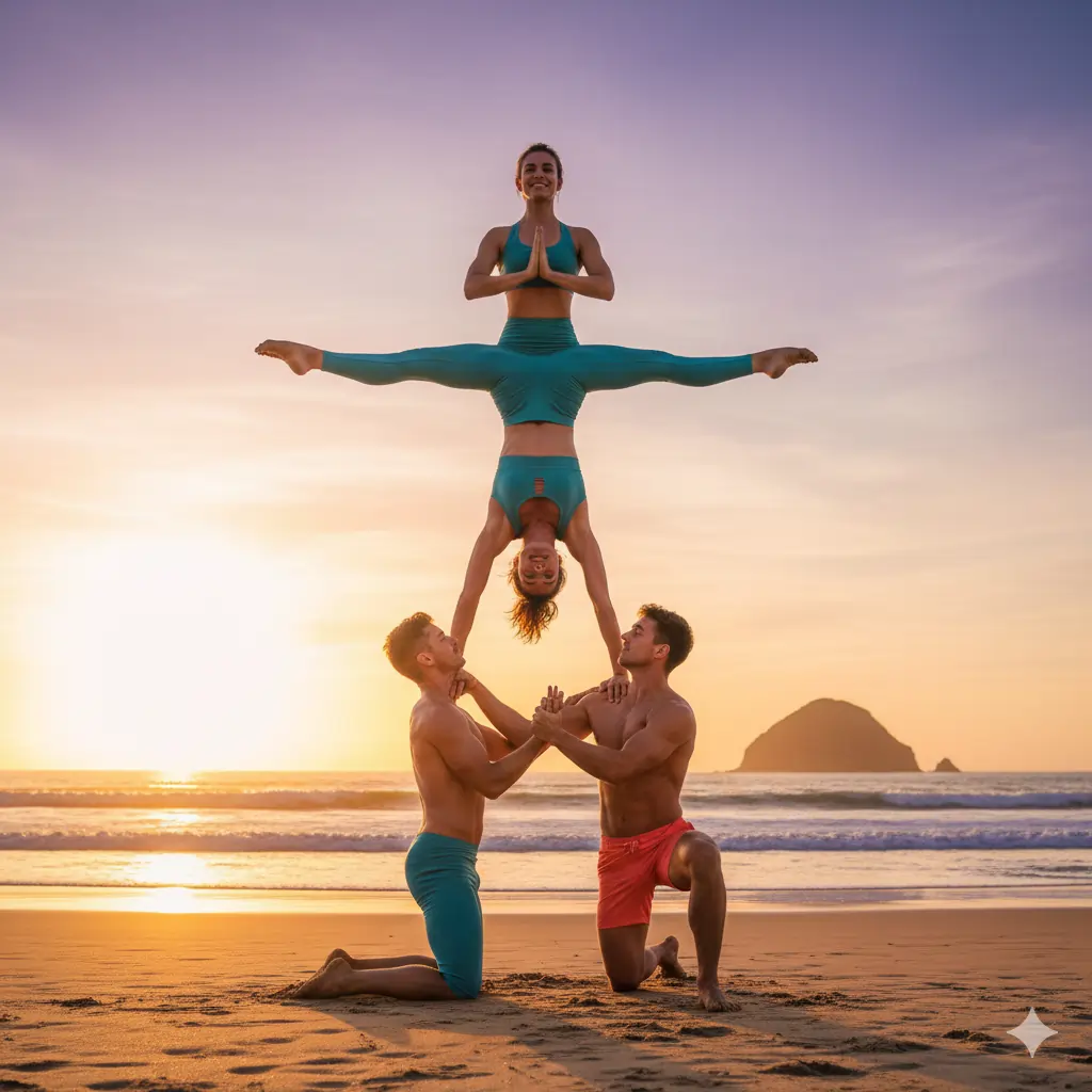 Four people performing an advanced 4 person yoga pyramid pose on a beach at sunset.