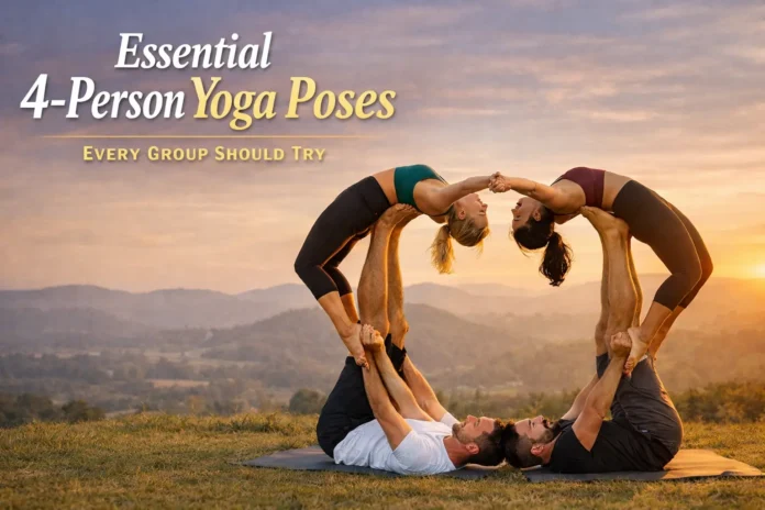 Four people performing 4 Person Yoga outdoors, demonstrating teamwork, balance, and flexibility.