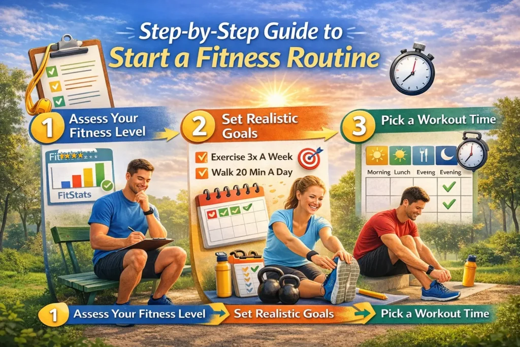 Step-by-step guide showing beginners how to start a fitness routine with simple goals and exercises