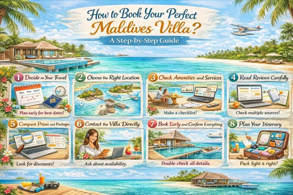 Step-by-step guide showing how to book the perfect Maldives villa, including choosing travel dates, location, amenities, reviews, pricing, and planning a luxury island holiday.