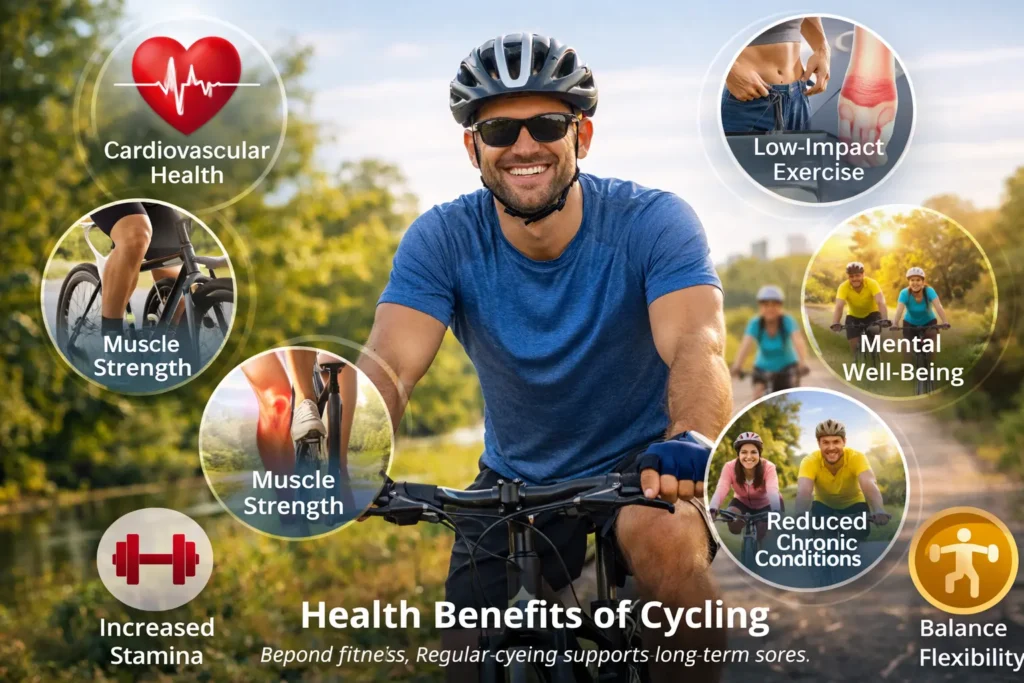 Health benefits of cycling including heart health, weight management, muscle strength, and mental well-being
