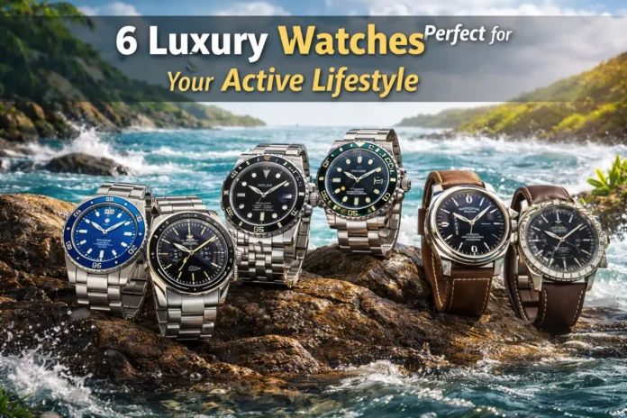 Six luxury watches including Rolex, Omega, Tudor, IWC, Panerai, and Breitling displayed on rocks by the ocean, highlighting durability, style, and suitability for an active lifestyle.