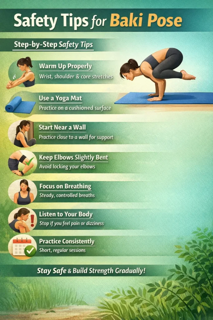 Baki Pose Explained: A Complete Step-by-Step Guide Infographic showing step-by-step safety tips for practicing Baki Pose, including warming up wrists, shoulders, and core, using a yoga mat, practicing near a wall, keeping elbows slightly bent, focusing on breathing, listening to the body, and practicing consistently.