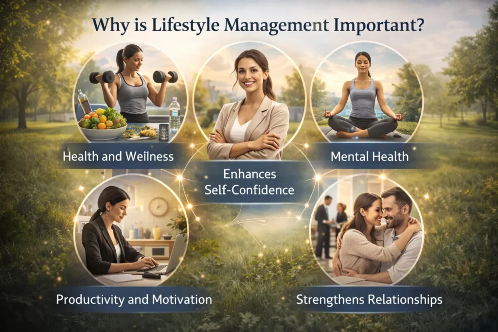 Importance of lifestyle management showing health and wellness, productivity, mental health, self-confidence, and strong relationships