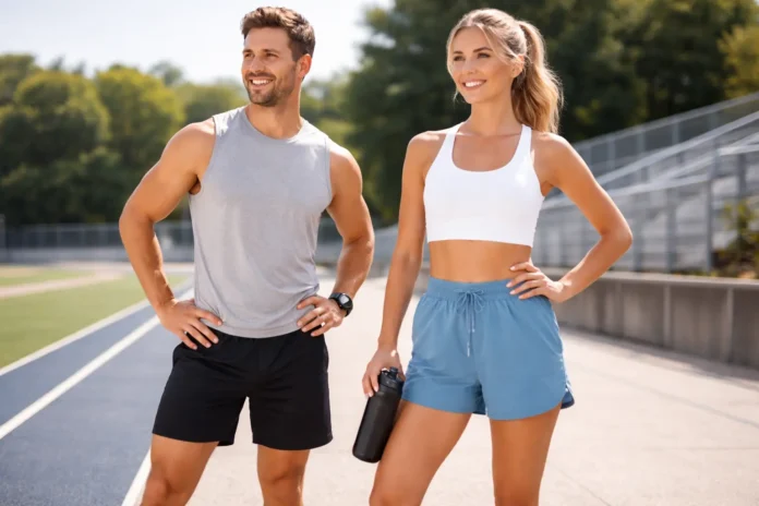Athletic shorts fitting guide showing men and women wearing properly fitted workout shorts during outdoor training