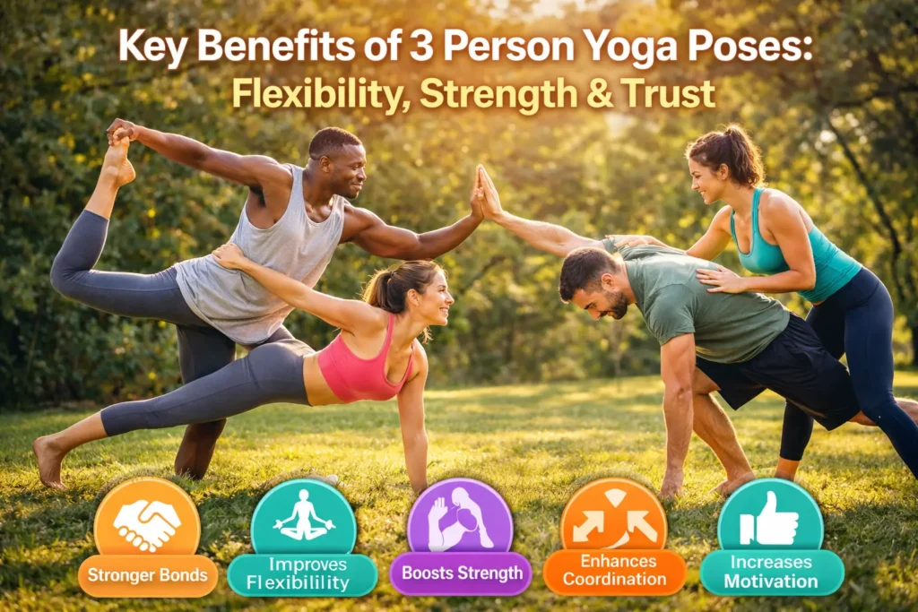 Three people practicing 3 person yoga poses outdoors, demonstrating teamwork, flexibility, strength, and coordination