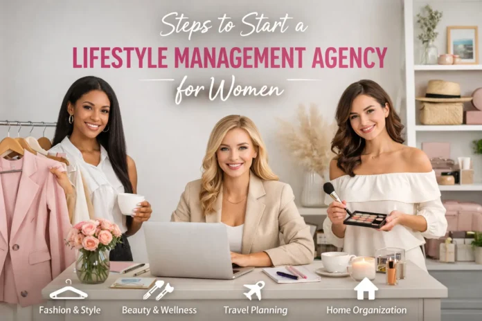 Three women manage a lifestyle management agency for women, showcasing fashion, beauty, travel planning, and home organization services in a stylish workspace.