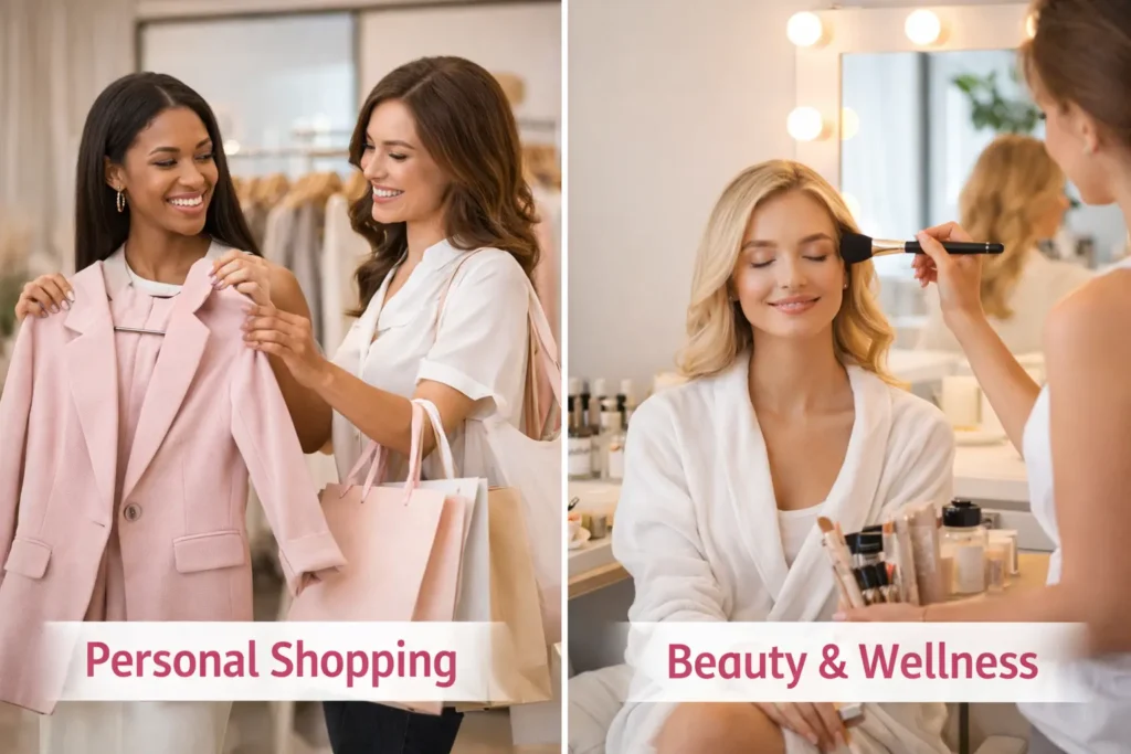 Personal shopping and beauty & wellness services offered by a lifestyle management agency for women, showing outfit selection and makeup application.