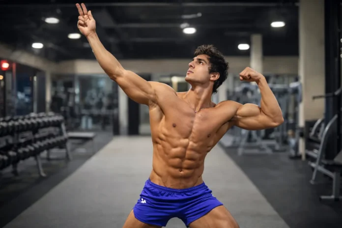 A muscular athlete performing the Zyzz pose in a gym, showcasing aesthetic bodybuilding posture