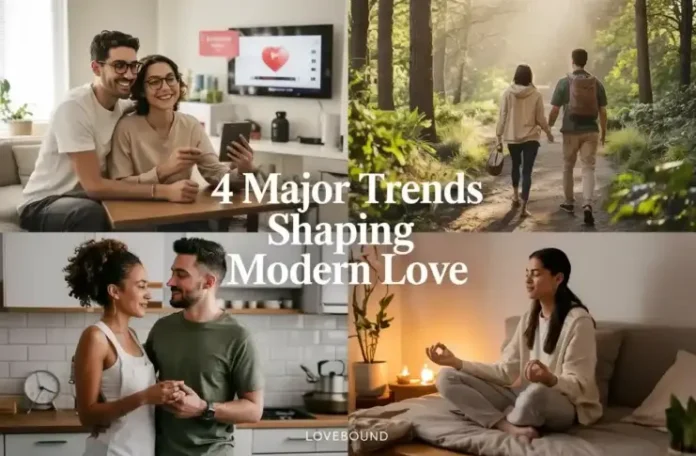 Two men and two women are depicted in a four-part image, with the words 