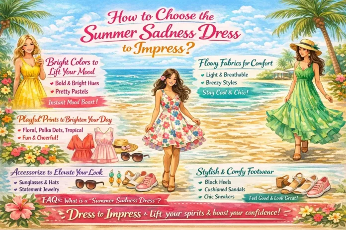 Summer sadness dress to impress guide featuring bright colors, flowy fabrics, playful prints, stylish accessories, and comfortable footwear in a beach-inspired landscape design.