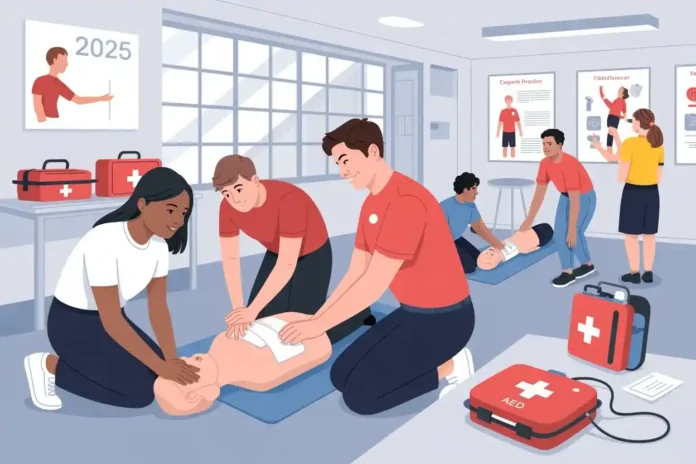 People practicing CPR on mannequins during a 2025 first aid training session, with AED kits and posters in the room.