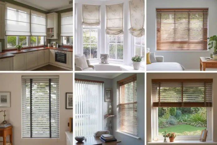 Collage of different styles of window blinds including Roman, roller, Venetian, vertical, and wooden blinds, shown in various home interior settings.