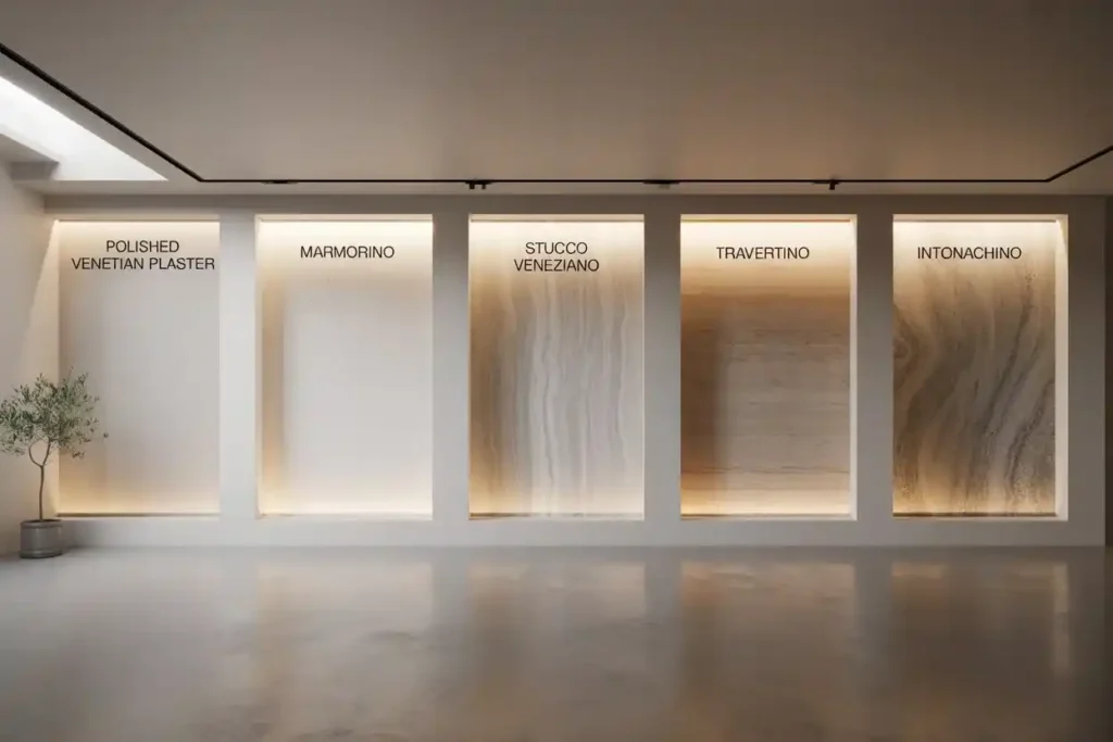 Italian Wall Finishes: Designing Distinguished Walls with Enduring Style Wall display showing five types of Italian wall finishes: Polished Venetian Plaster, Marmorino, Stucco Veneziano, Travertino, and Intonachino, each with distinct textures and lighting.