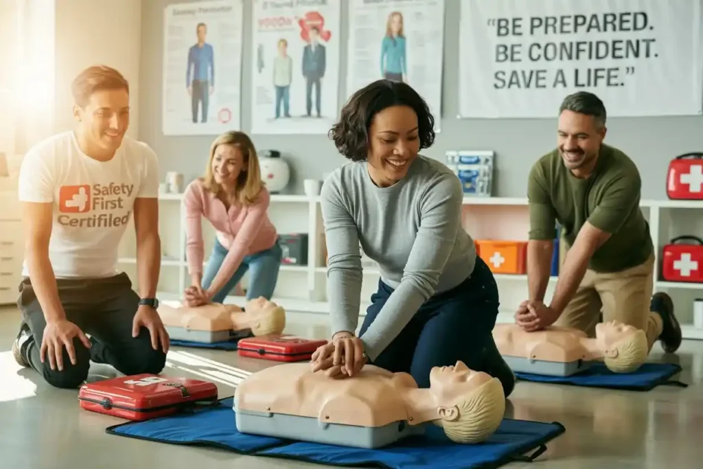 First Aid Course: Why Everyone Should Learn How to Save a Life? Adults practicing CPR on training mannequins during a first aid class, with AED kits nearby and motivational posters on the wall.