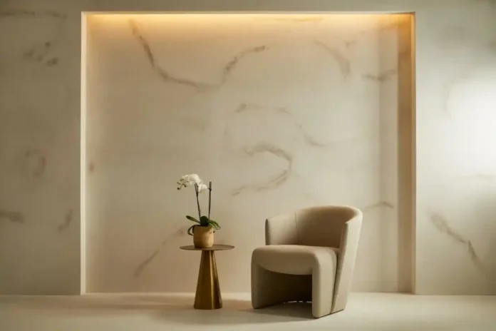 Elegant modern interior with Italian-style wall finish, featuring a marble-textured accent wall, beige curved chair, and a gold side table with a white orchid.