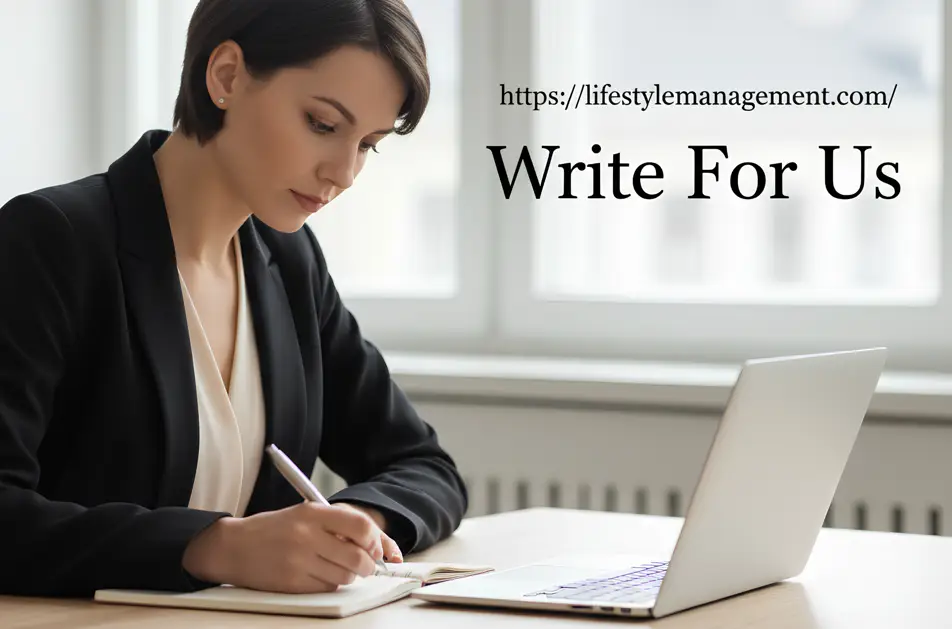 Write For Us A woman with short, brown hair is writing in a notebook. She is wearing a black blazer and sitting at a desk with an open laptop. The words "https://lifestylemanagement.com/" and "Write For Us" are superimposed on the image.
