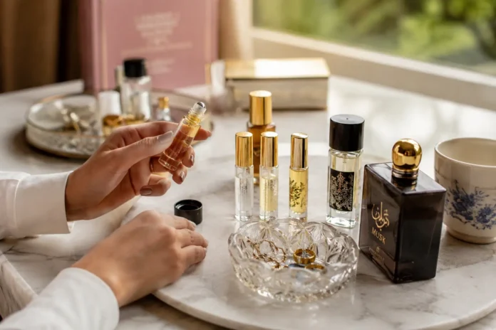 Choose perfume oils that match your lifestyle with a collection of elegant perfume oil bottles on a vanity table.